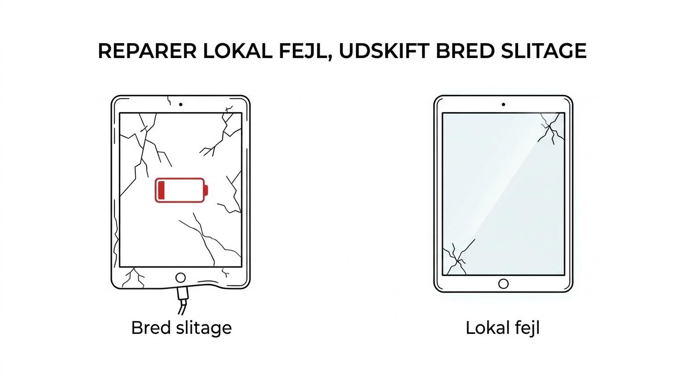 Sammenligning af to tablet-scenarier: én med lokal fejl og fortsat brugbar software versus én med flere fejl og manglende opdateringer.