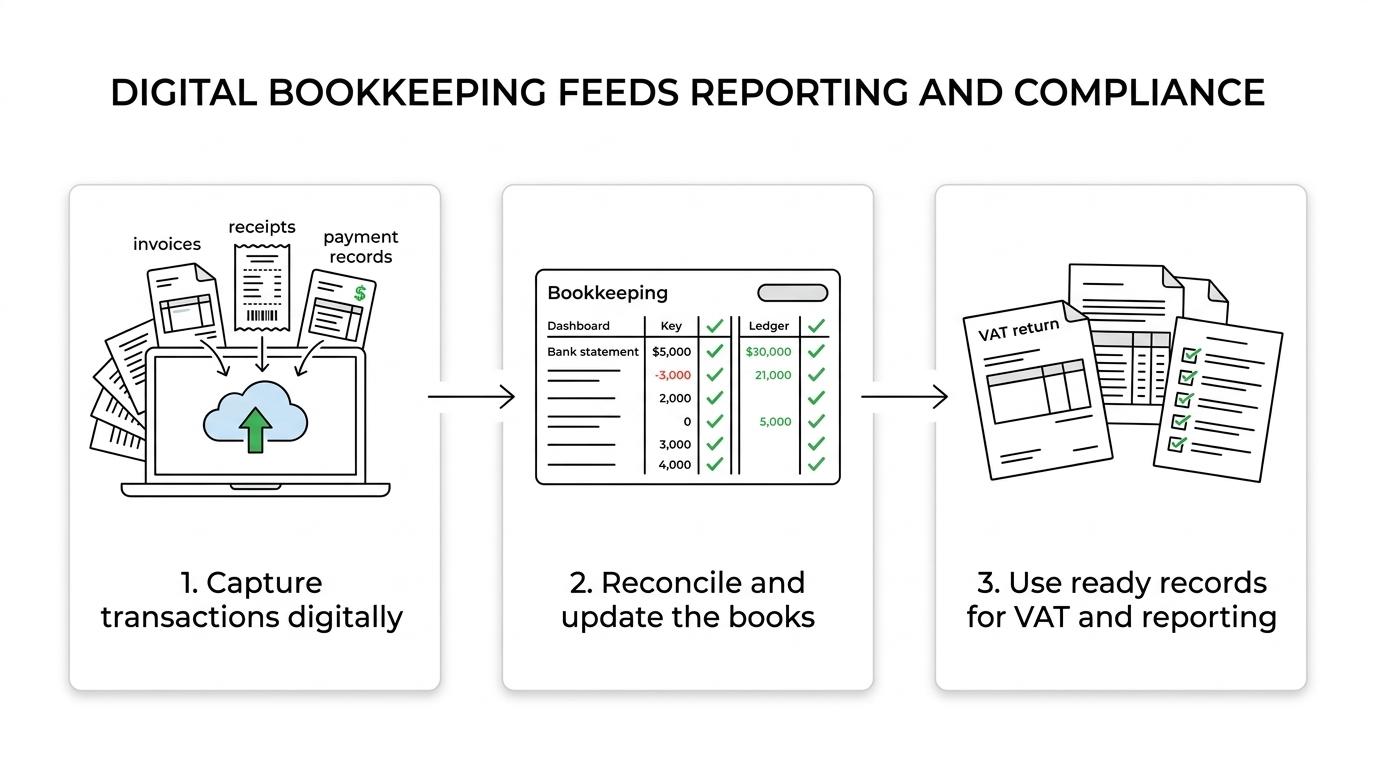 A workflow showing invoices, receipts and bank feeds moving through cloud bookkeeping tools into reconciled records, VAT-ready books and management reports.