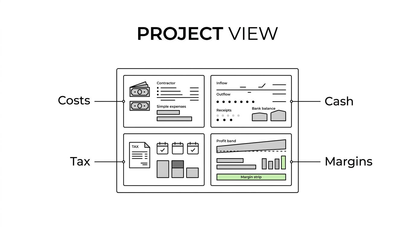 Diagram of a real estate project at the center with linked parts for collections, costs, payables, financing, tax, and margins.
