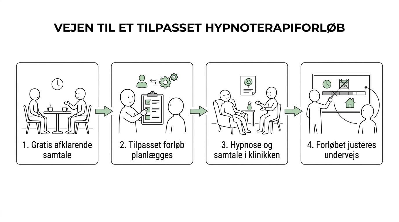Klinik Careteam, hypnoterapi nær Hjørring i Nordjylland 1 Diagram over fire trin i et hypnoterapiforløb hos Klinik Careteam: gratis afklarende samtale, målrettet plan, sessioner i klinikken og løbende justering.
