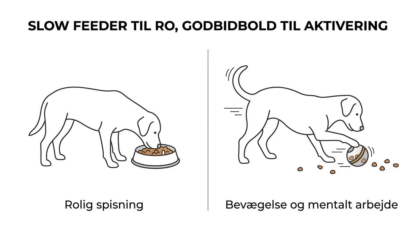 Comparison of a slow feeder bowl and a treat ball, showing differences in movement, eating pace, and mental stimulation.