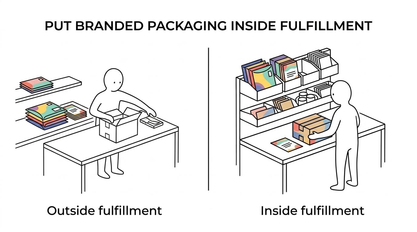 Side-by-side comparison of a fragmented packaging process versus an integrated fulfillment workflow with products, inserts, branded boxes, and shipping.
