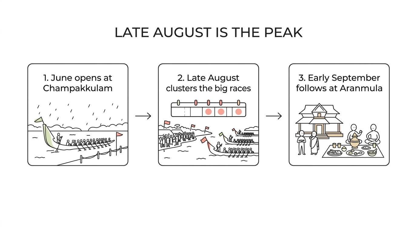 Timeline of Kerala’s 2026 vallam kali season showing Champakkulam in June, major August races, and Aranmula Valla Sadya in early September.