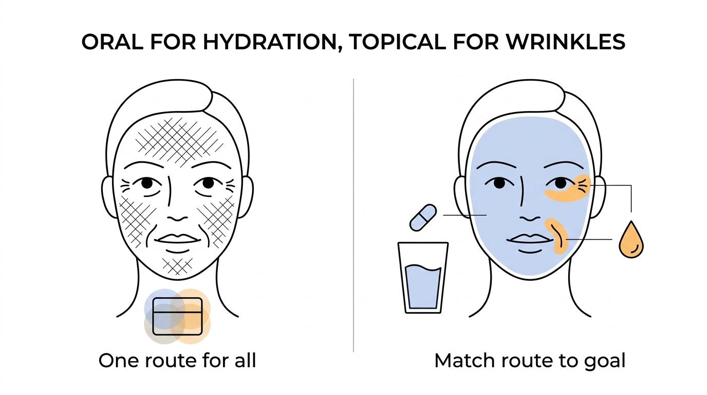 Side-by-side comparison of oral collagen peptides and topical peptides showing their main skin goals, evidence focus, and typical outcomes.