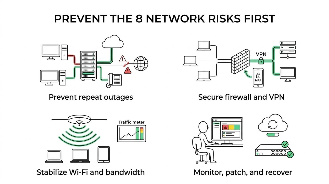Eight labeled network risks grouped around managed business network support.
