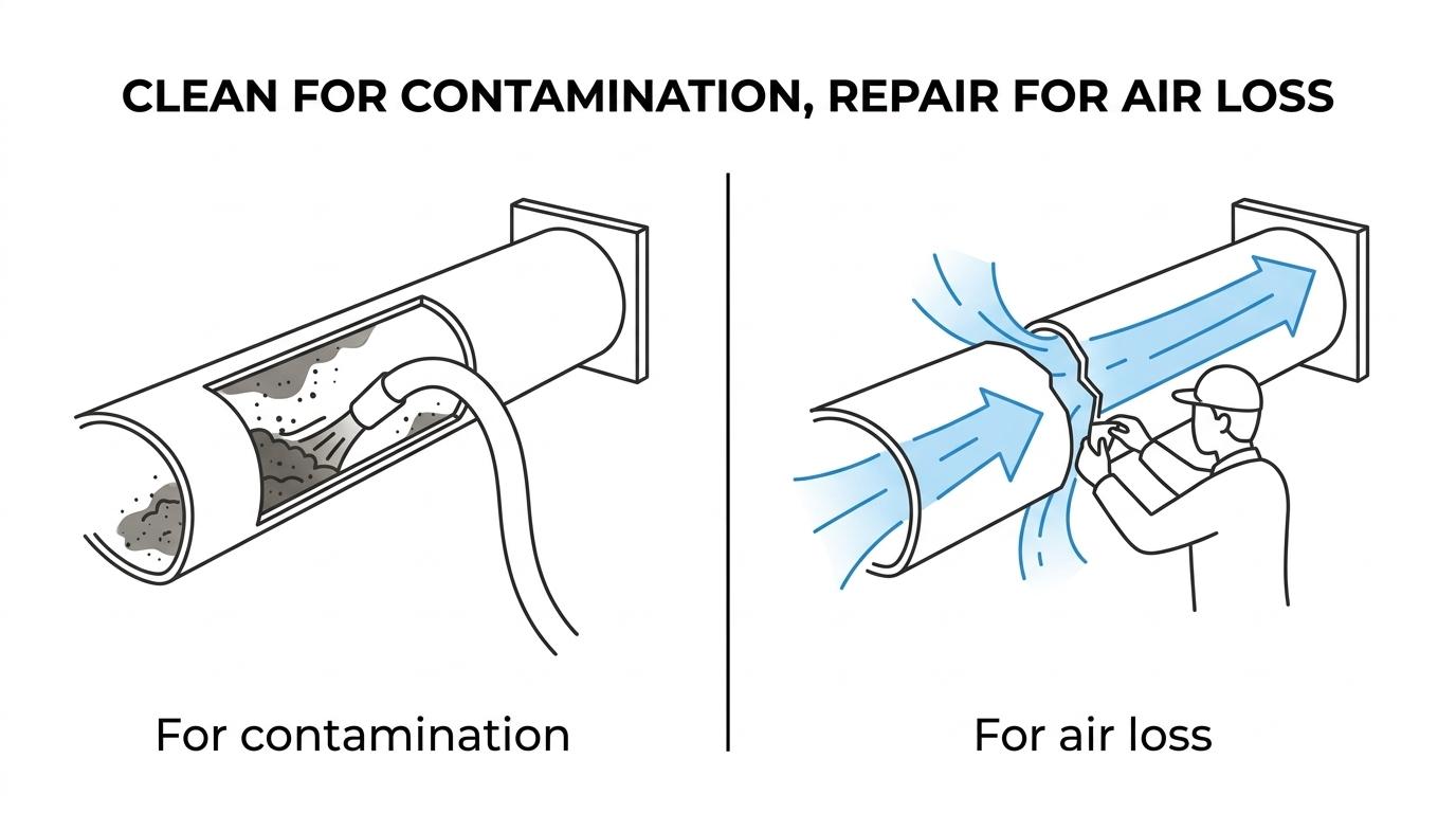 Side-by-side comparison of duct cleaning signs like mold, pests, and debris versus duct repair signs like leaks, tears, disconnections, and crushed ducts.