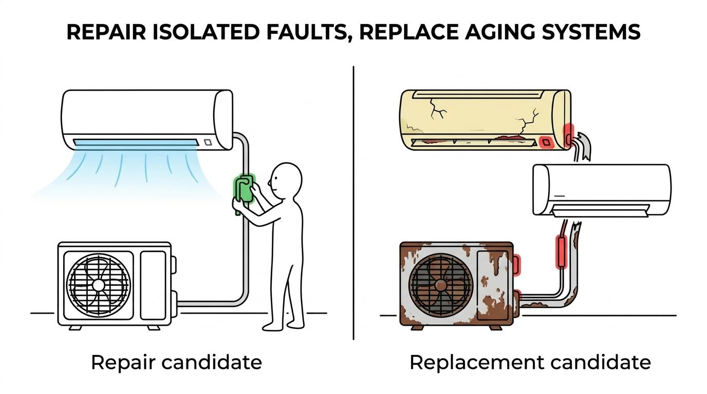 Side-by-side guide comparing signs that favor mini split repair with signs that favor replacement, including age, repair scope, efficiency, and major failures.