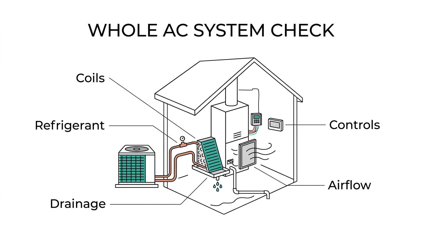 Diagram of a home air conditioning system labeling the condenser, evaporator coil, air handler, thermostat, filter, drain line, refrigerant lines, and airflow path checked during a tune-up.
