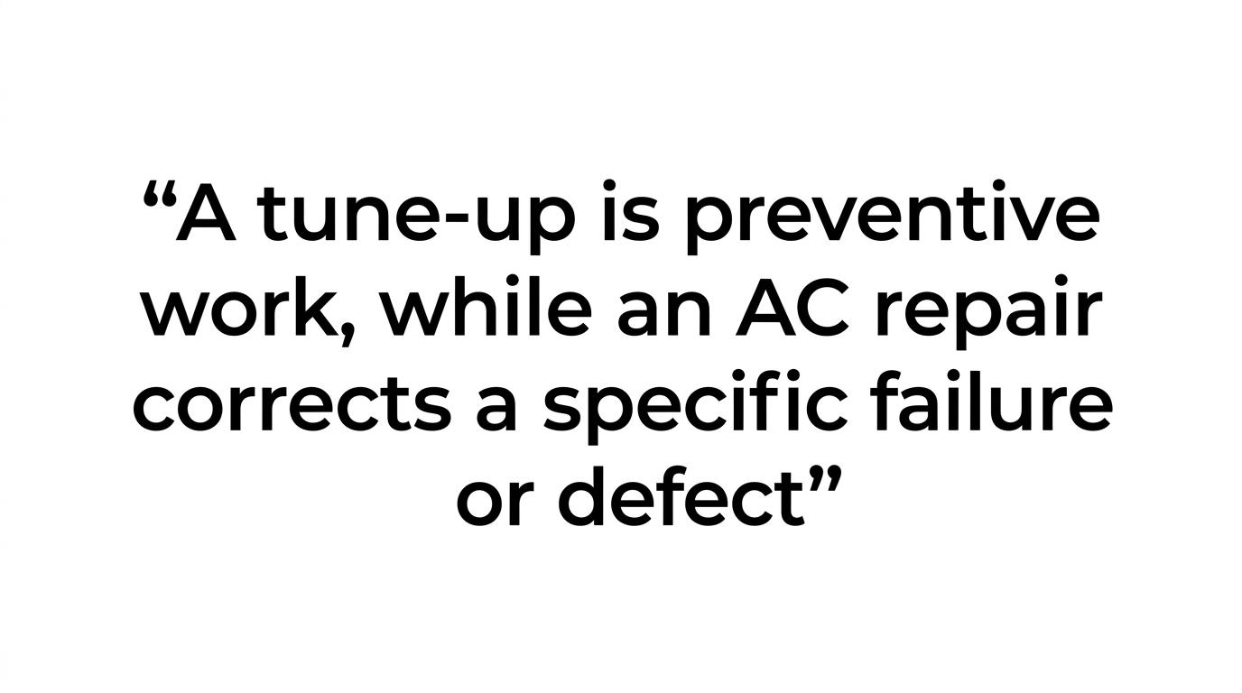 Highlighted quote stating that a tune-up is preventive work, while an AC repair fixes a specific failure or defect.