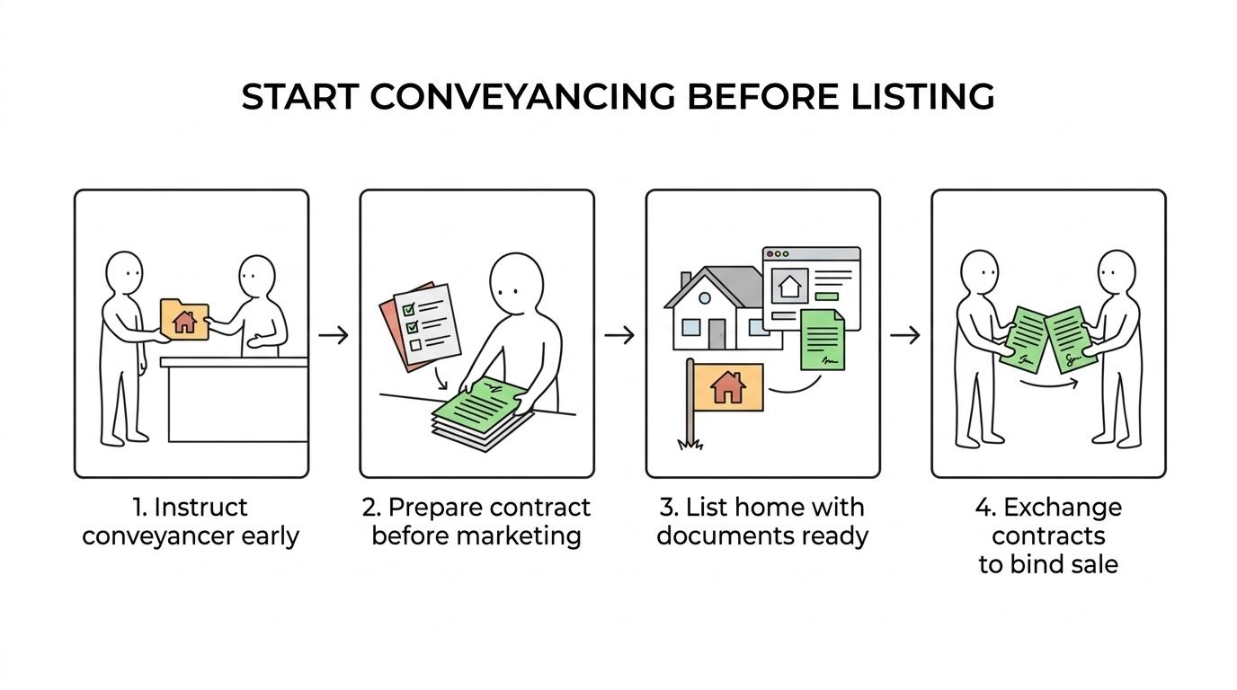 Timeline showing NSW home sale steps from contract preparation before listing to exchange, cooling-off, and settlement.