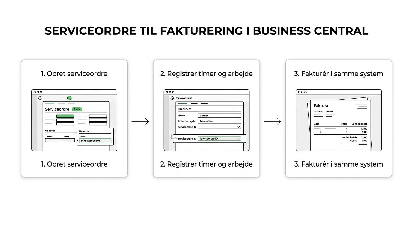Procesflow i Business Central fra serviceordre og koordinering til tidsregistrering, projektopfølgning og fakturering.