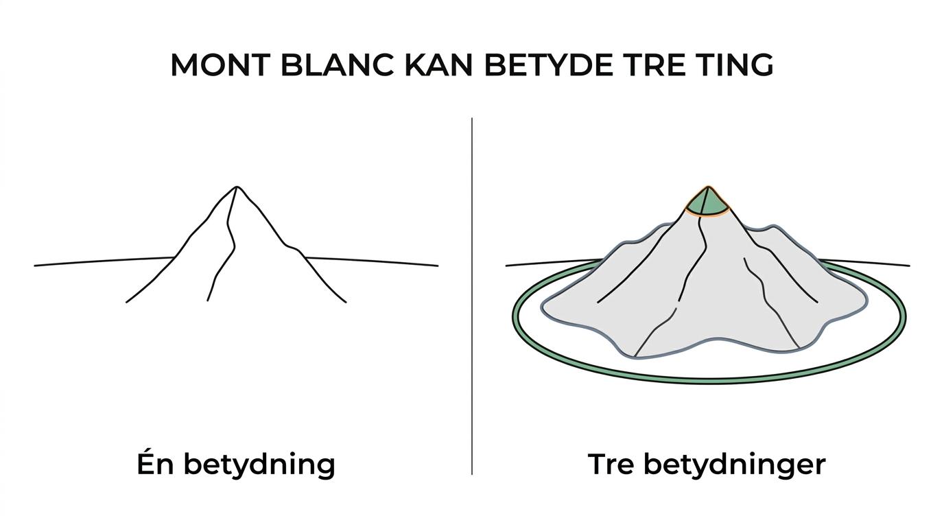 Sammenligning af Mont Blanc som selve toppen på grænsen mellem Frankrig og Italien, Mont-Blanc-massivet og Tour du Mont-Blanc-ruten gennem Frankrig, Italien og Schweiz.