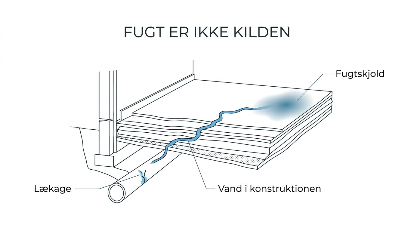 Tværsnit af gulvkonstruktion med skjult rørlækage, fugt der har flyttet sig, sporgas og præcis markering af det rigtige opbrudssted.