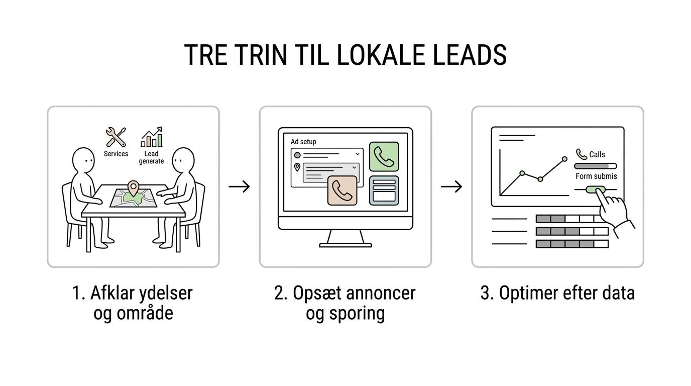 En enkel tretrinsproces, der viser afklaring af ydelser og område, opsætning af kampagner og sporing samt løbende optimering af leads.