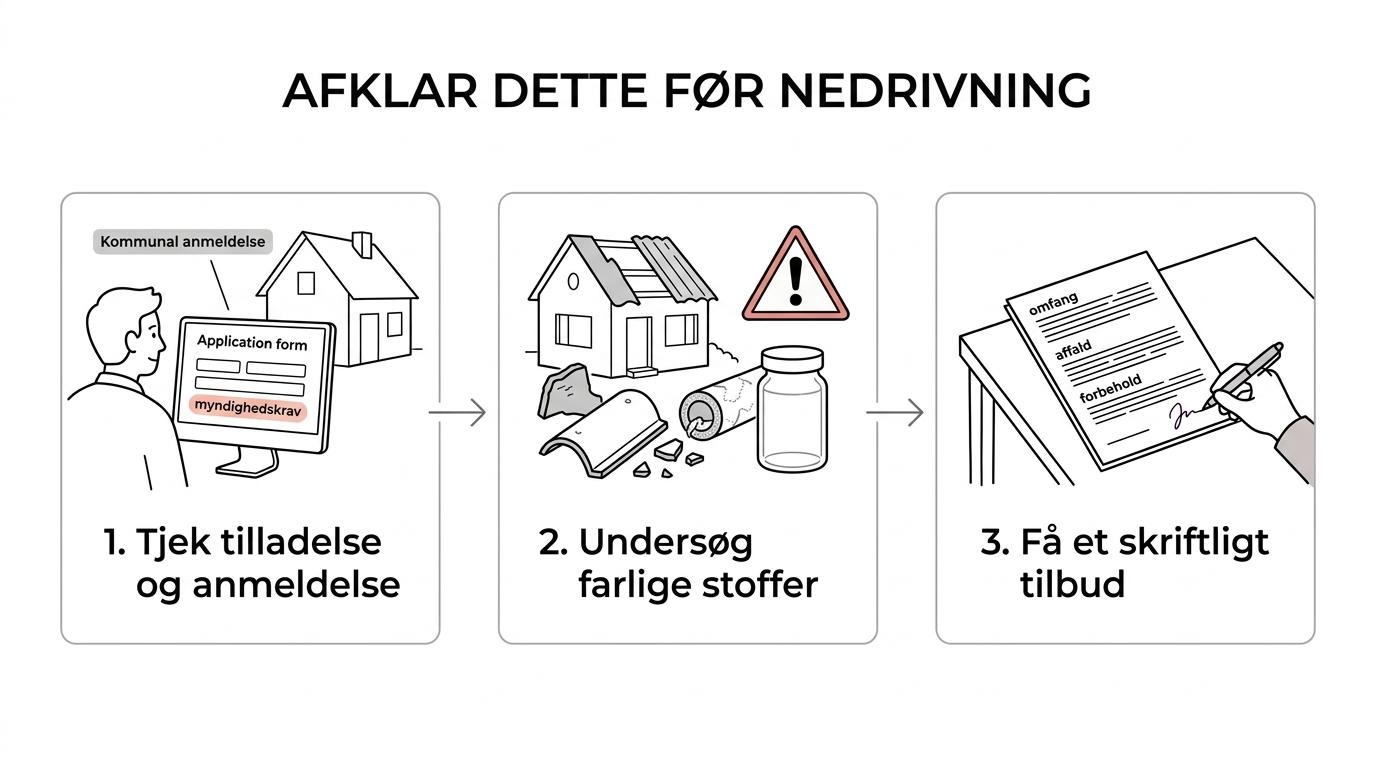 Et enkelt tretrinsforløb for privat nedrivning: tilladelse, afklaring af farlige materialer og skriftligt tilbud før opstart.