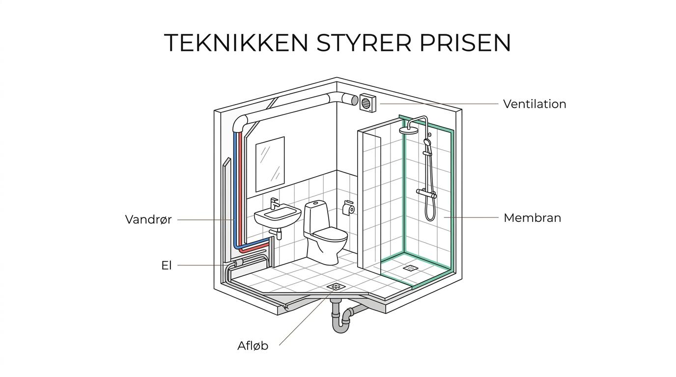 Gennemskåret badeværelse med markeringer af afløb, gulvfald, vådrumsmembran, ventilation, el og vandinstallationer under fliserne.