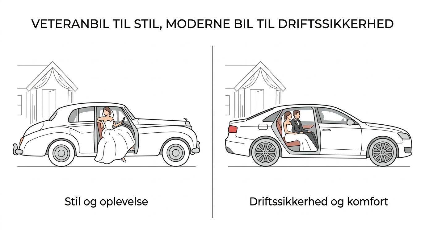 Side-by-side visning af en klassisk veteranbil og en moderne bryllupsbil med forskelle i stil, plads, komfort og praktisk brug.