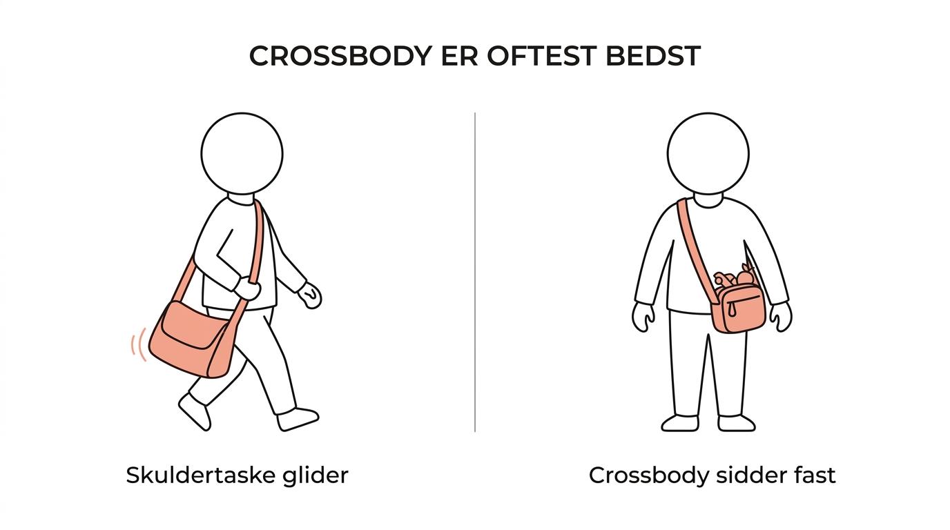 Sammenligning af tre børnetasketyper: crossbody, skuldertaske og mini-rygsæk, vist med forskelle i stabilitet, bæreevne og brugervenlighed.