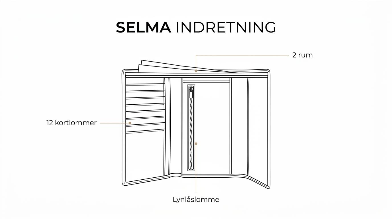 Sort zip-around damepung i læder med markerede kortlommer, hovedrum, lynlåslomme i midten og frontlomme.