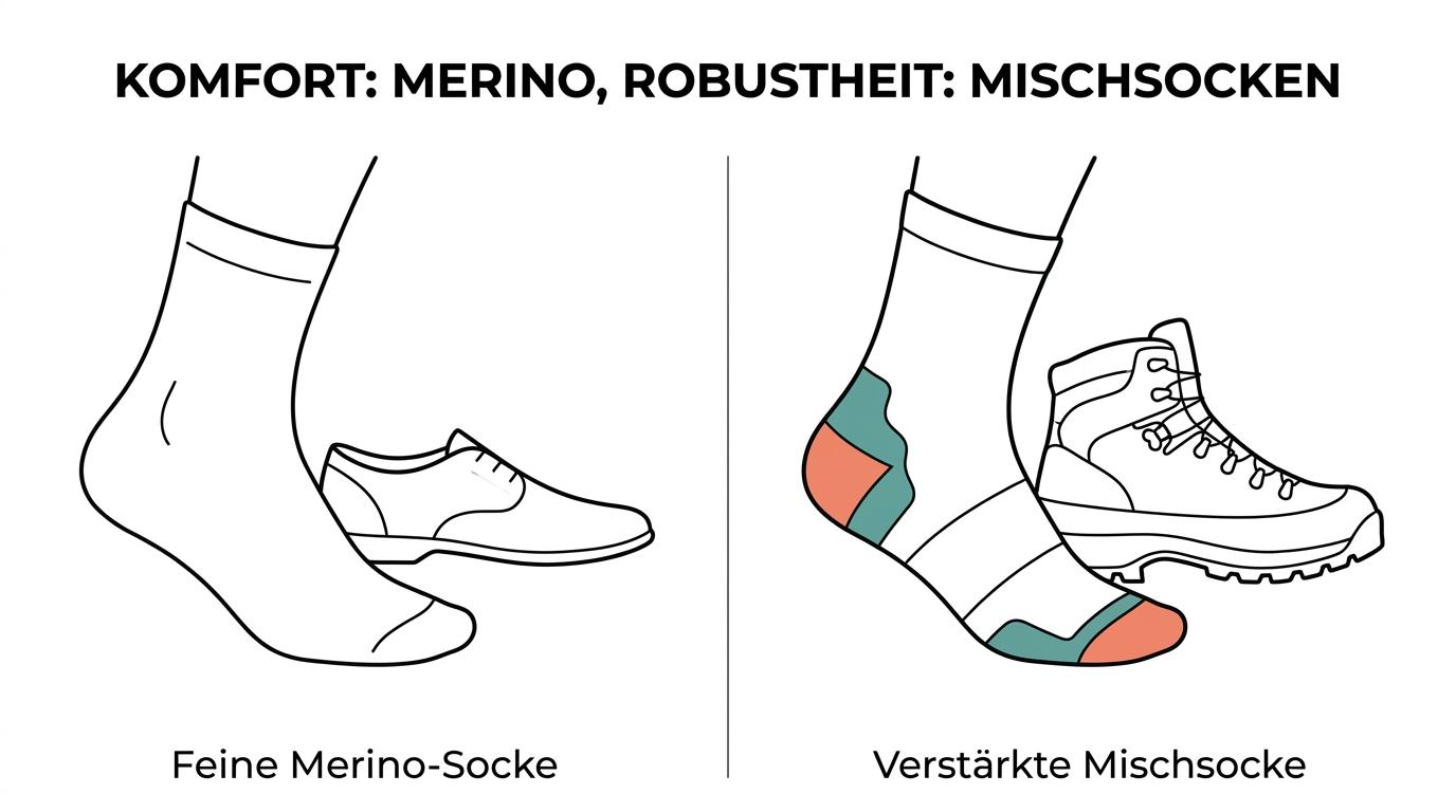 Seitenvergleich von dünnen Merino-Socken und dickeren verstärkten Wollmisch-Socken mit sichtbaren Unterschieden bei Feinheit, Verstärkung und Einsatzbereich.