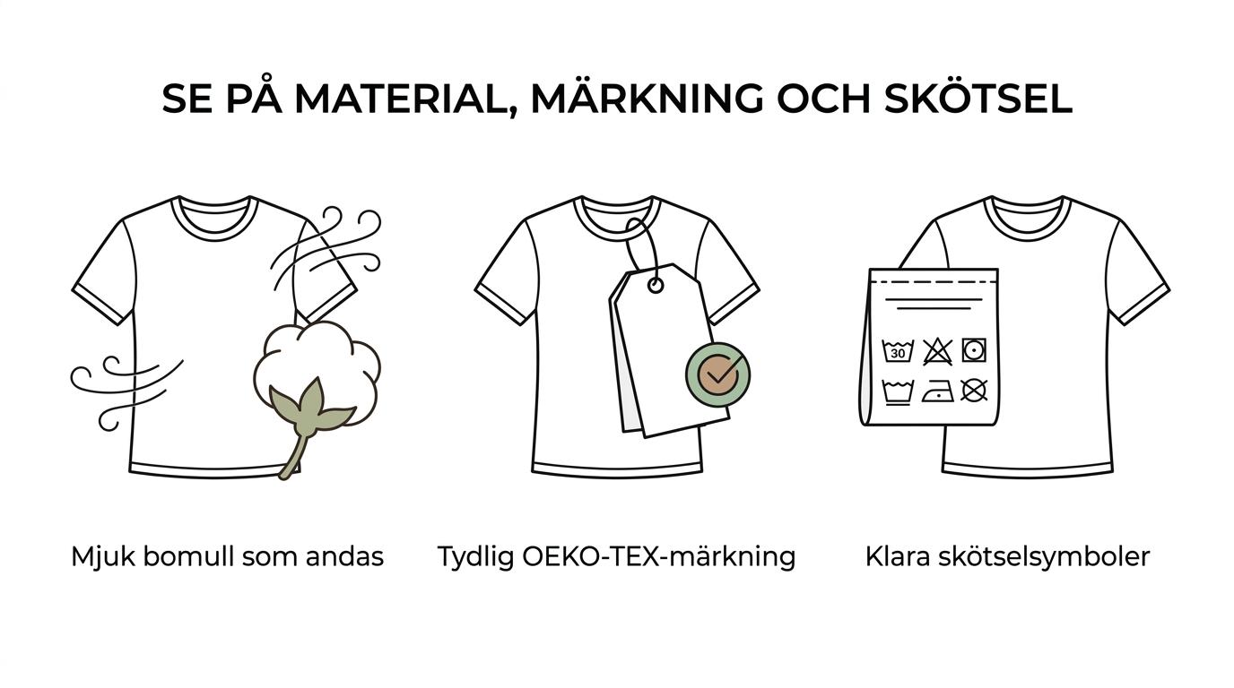 Översikt med tre huvudpunkter för herr-t-shirts: bomull och andningsförmåga, OEKO-TEX-märkning och skötselsymboler.
