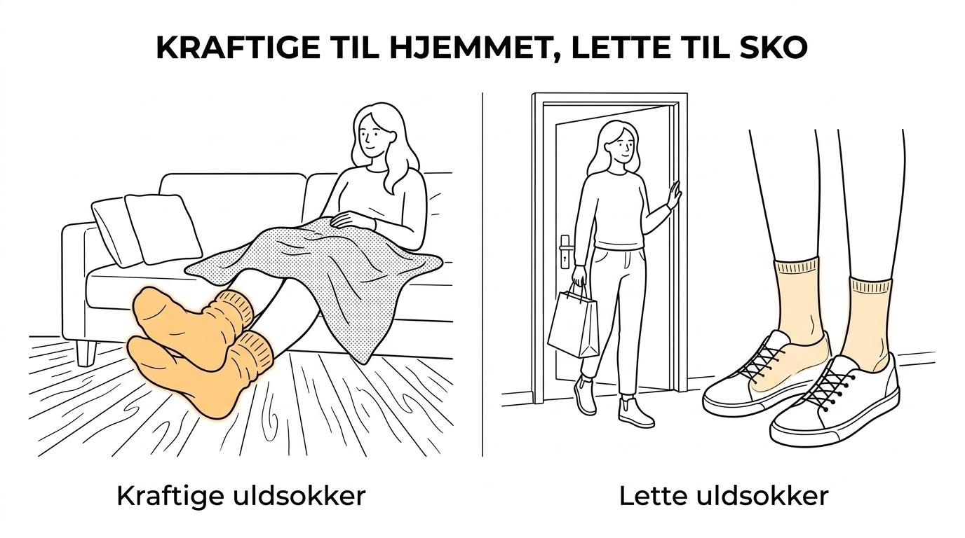 Sammenligning af lette og kraftige uldsokker til kvinder med typiske brugssituationer som hjemmehygge, sko og kolde gulve.