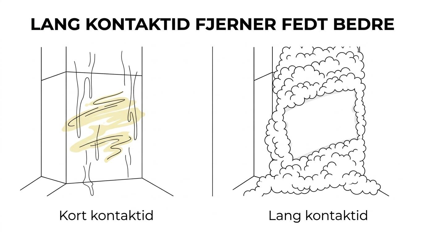 Side om side visning af skumrens, der hænger på en fedtet lodret flade, og en tynd spray, der løber ned.