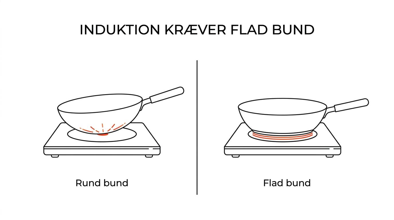 Sammenligning af en rundbundet wok over gas og en fladbundet wok på et induktionskomfur.