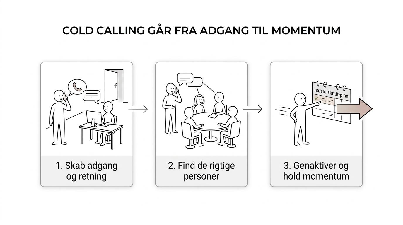 Et trin-for-trin overblik over et langt B2B-salg, hvor cold calling bruges forskelligt fra tidlig erkendelse til sen fase.