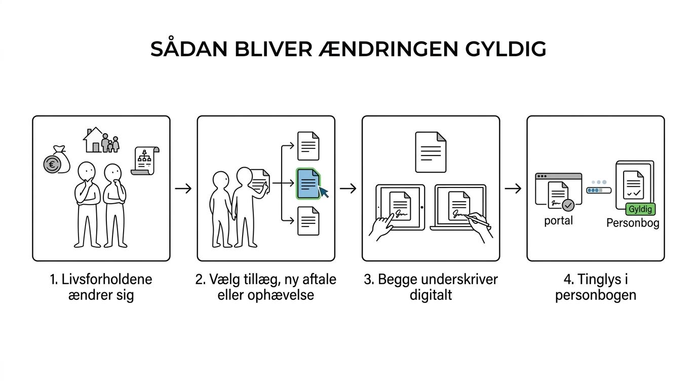 Trinvis oversigt over ændring af ægtepagt fra ændrede livsforhold til valg af løsning, underskrift og tinglysning.