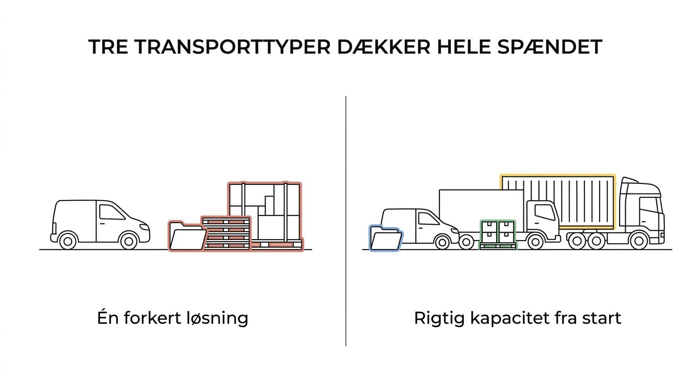 Side-by-side comparison of liftbil, lastbil, and trækker with their tonnage, pallet capacity, and typical shipment use.