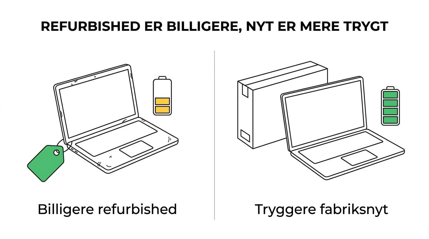 Side-by-side sammenligning af en refurbished MacBook og en ny laptop med fokus på pris, batteri, test og garanti.