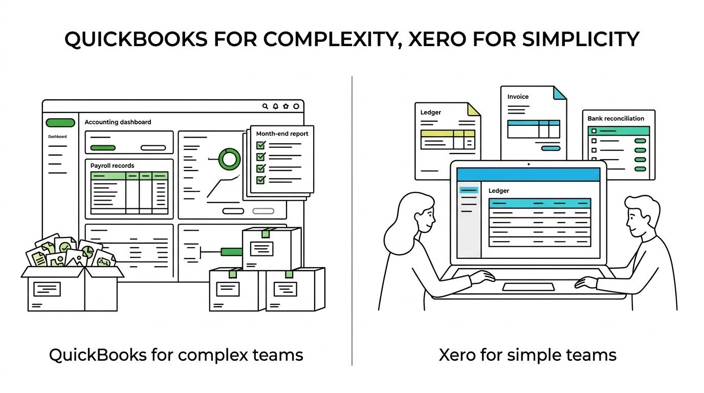 Side-by-side comparison of QuickBooks and Xero across workflow complexity, payroll, inventory, reporting controls, and team collaboration.