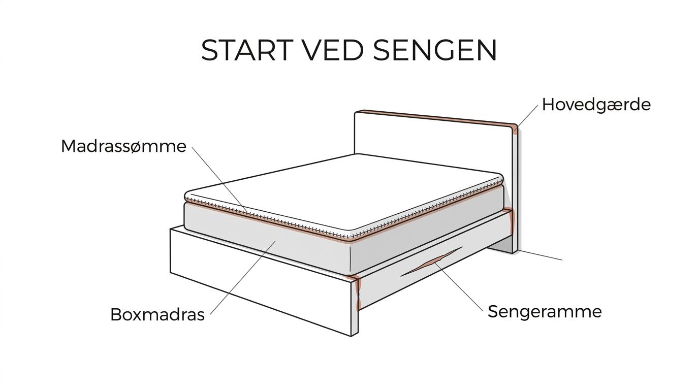Seng og nærliggende soveområde med markerede steder, hvor væggelus ofte gemmer sig, som madrassømme, boxmadras, hovedgærde, sengeramme, fodlister, natbord og stikkontaktområde.
