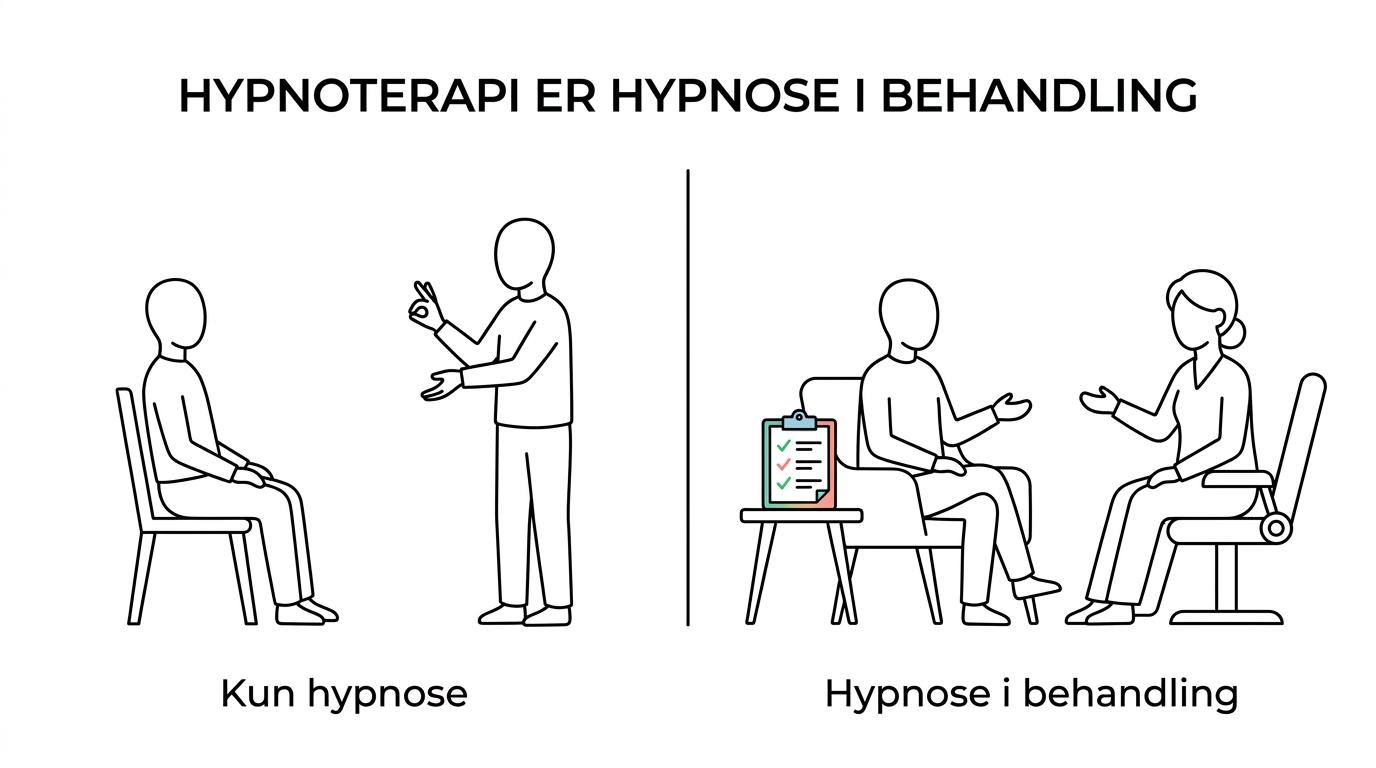 Side-om-side sammenligning af en hypnotisør, der fokuserer på hypnose og suggestion, og en hypnoterapeut, der arbejder med mål, samtale og opfølgning.