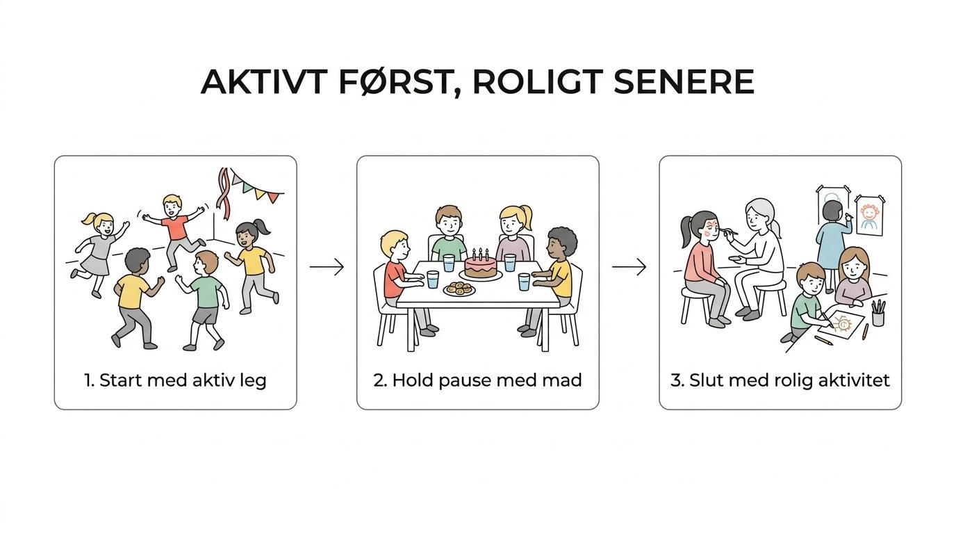 Et firetrins forløb for en børnefest: fri leg ved ankomst, fælles aktivitet, kort pause og rolig afslutning.