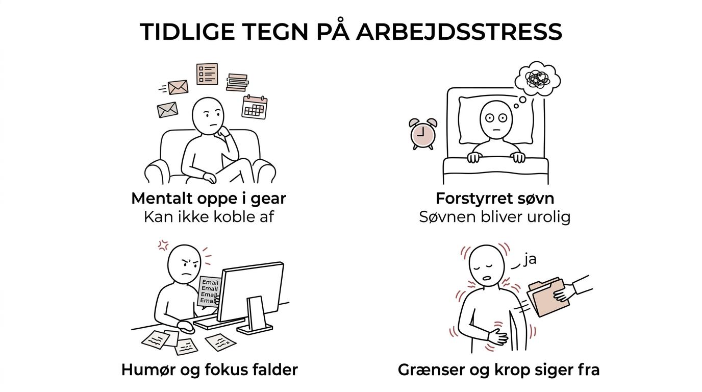 Seven labeled signs of work stress, including trouble switching off, poor sleep, irritability, low focus, weak boundaries, loss of self-control, and physical symptoms.