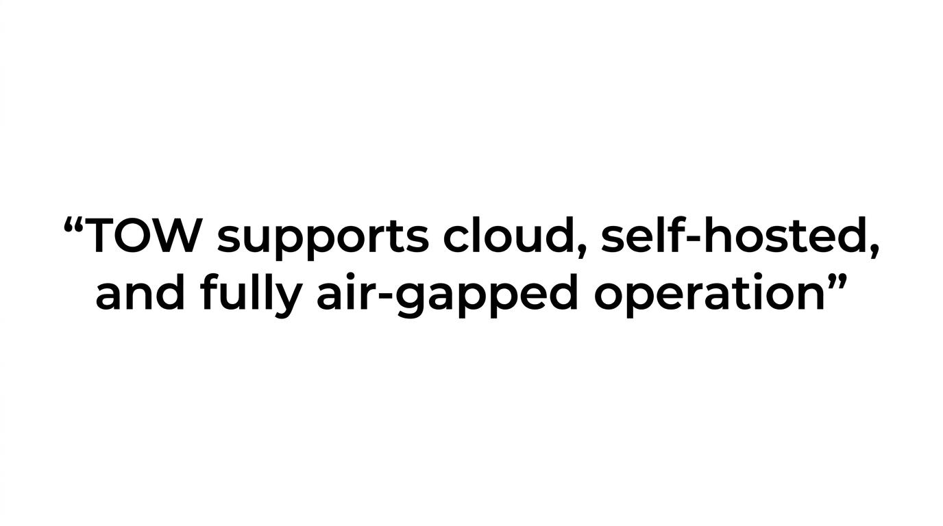 Highlighted quote stating that TOW supports cloud, self-hosted, and fully air-gapped operation.