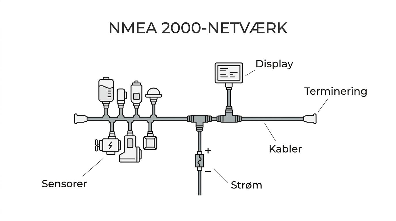 Diagram af et NMEA 2000-netværk med display, backbone, terminatorer, strømforsyning, sensorer, gateway og flere marineenheder forbundet.