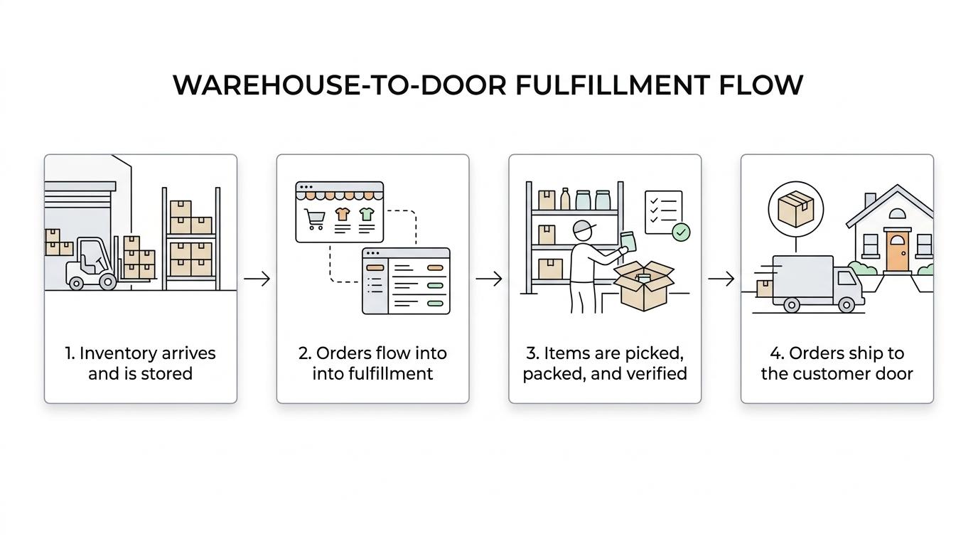 Flow diagram showing inventory received at SVDirect, stored in the Union City warehouse, orders sent from an ecommerce store, picked and packed with double verification, shipped the same day, and tracked through a live portal.