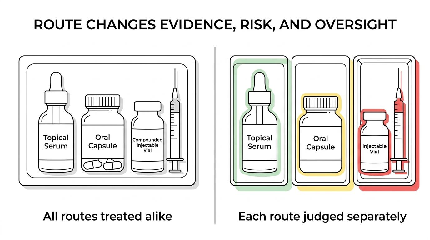 Side-by-side comparison of topical, oral, and compounded injectable anti-aging peptides showing differences in evidence, safety concerns, and regulatory oversight.