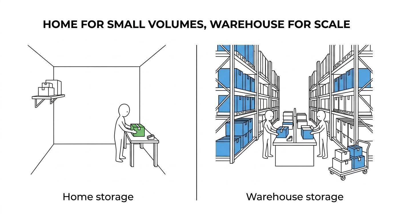 Side-by-side comparison of home storage and warehouse storage for ecommerce, showing differences in space, stock control, security, fulfilment, and growth capacity.