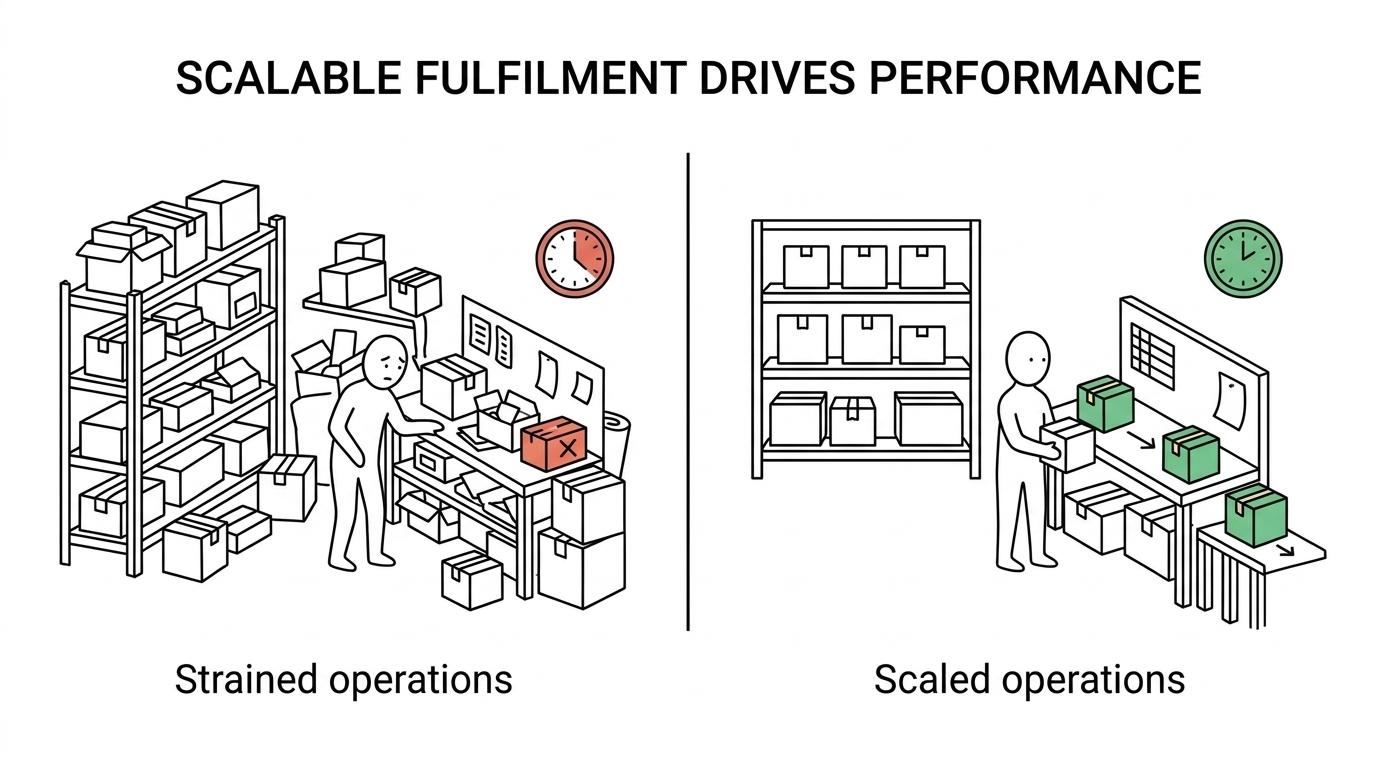 Side-by-side comparison of ecommerce fulfilment before outsourcing and 90 days after, showing higher order capacity, better accuracy, and faster same-day dispatch.