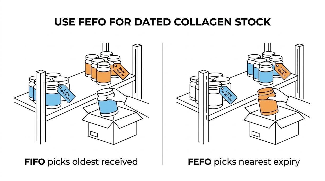 Side-by-side comparison showing FIFO shipping oldest received collagen stock first and FEFO shipping nearest-expiry stock first.