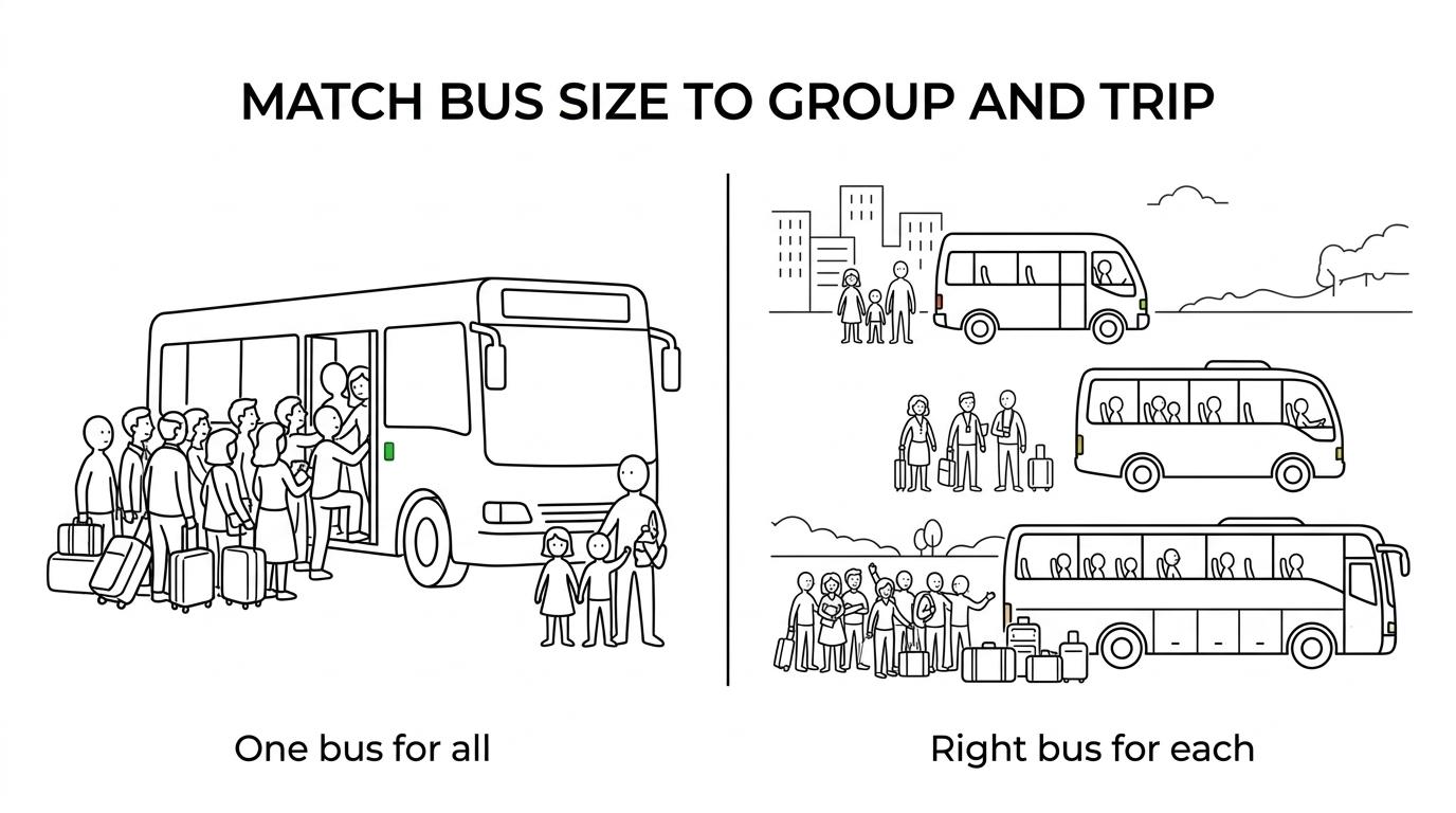 Side-by-side comparison of a mini bus, executive mini coach, and activity bus with passenger capacities and best-use group types.