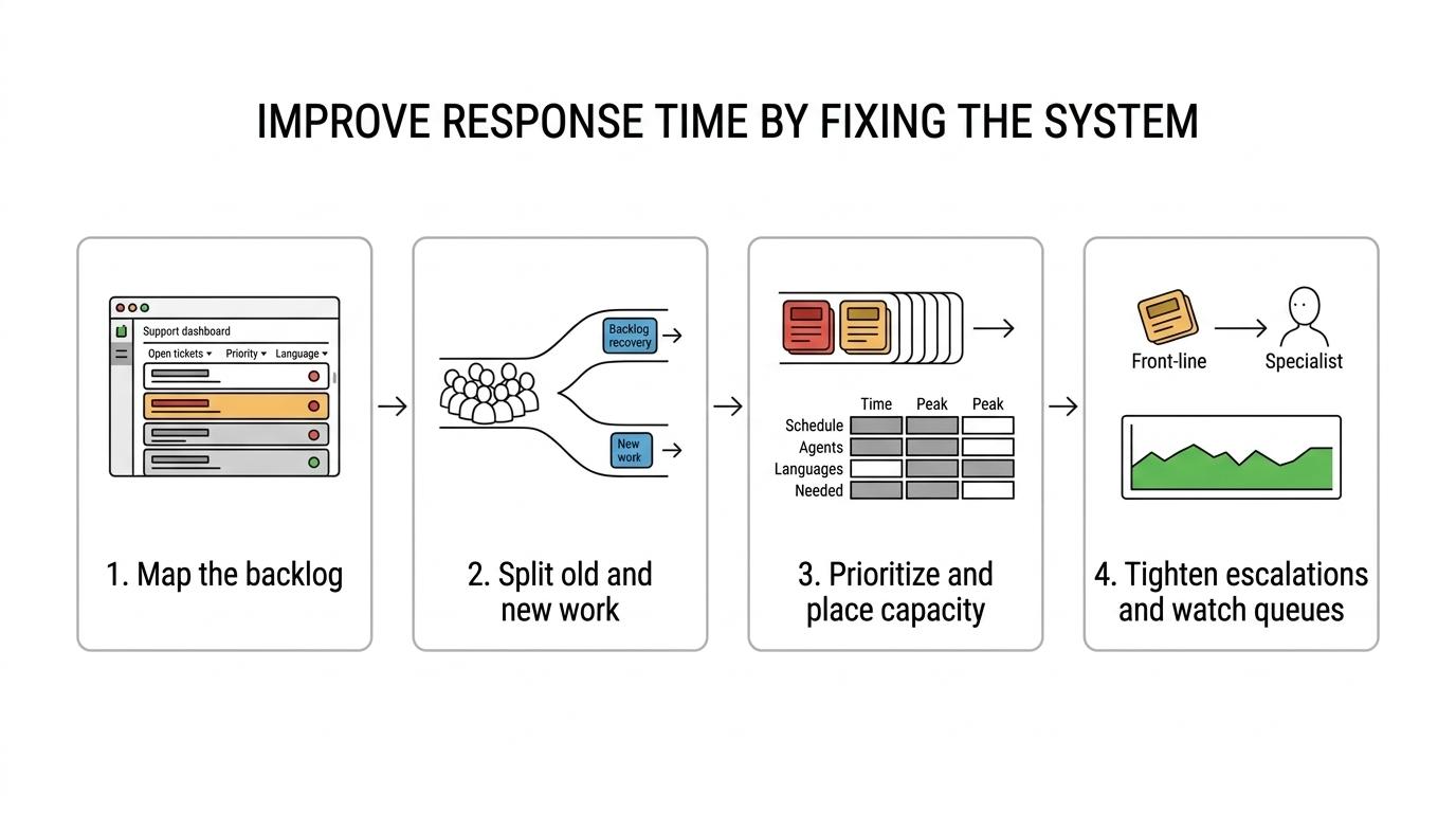 Flow showing customer support recovery steps: measure backlog, separate old and new work, prioritize tickets, align staffing to demand, improve escalations, and monitor queues continuously.
