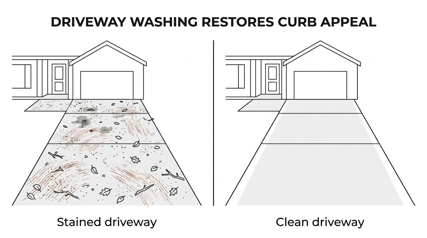 Side-by-side view of a stained concrete driveway before cleaning and the same driveway bright and clean after washing.