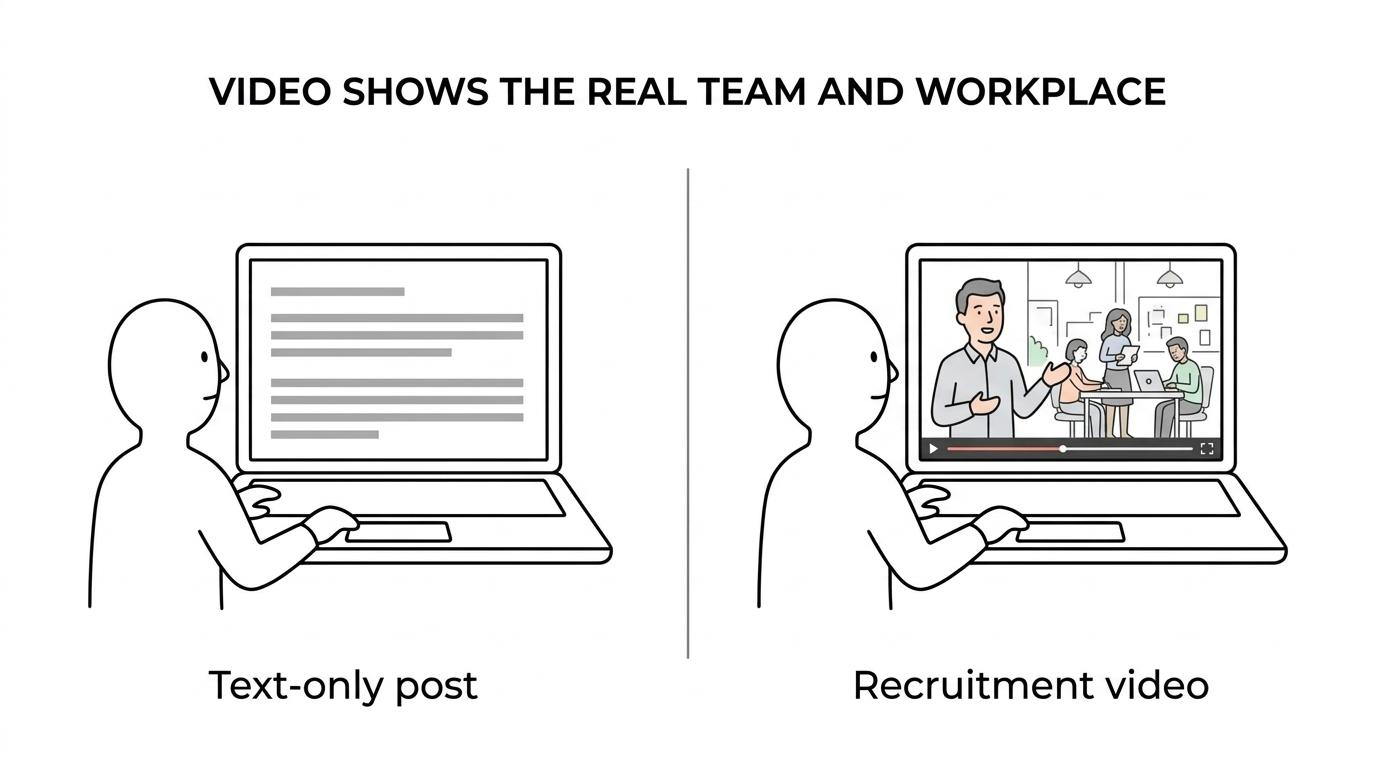 Side-by-side comparison of a text-only job post and a recruitment video showing team culture, leadership, and the real workplace.