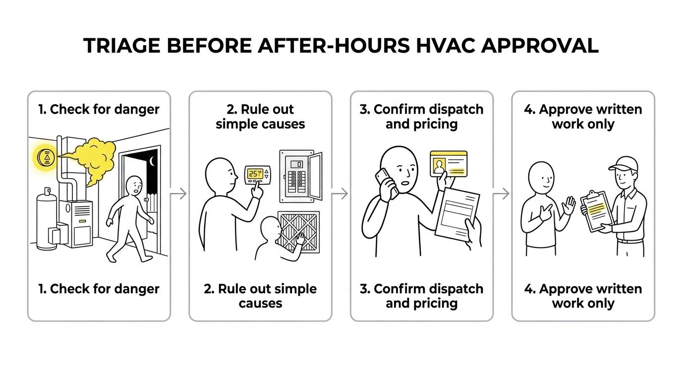 A step-by-step flow showing how to handle an after-hours HVAC failure, from safety checks to written estimates and repair approval.