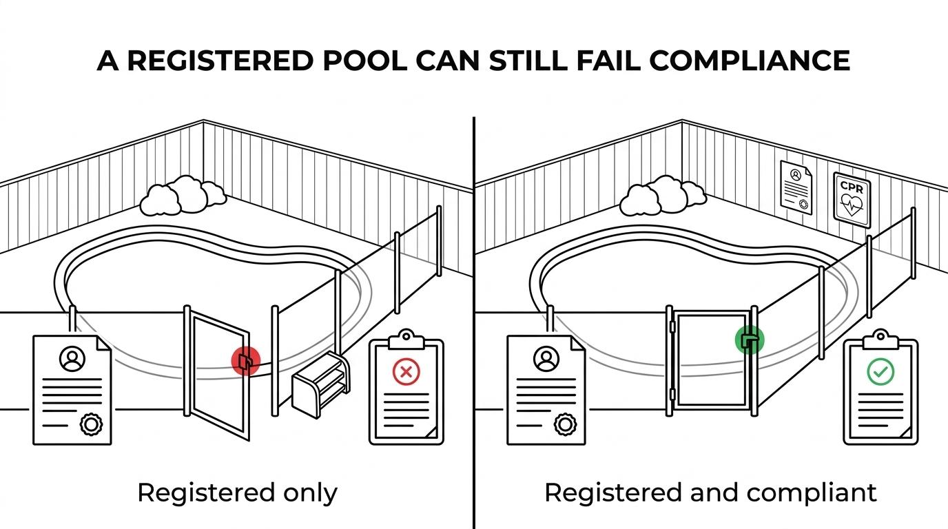 Side-by-side comparison of NSW pool registration, certificate of compliance, and certificate of non-compliance.